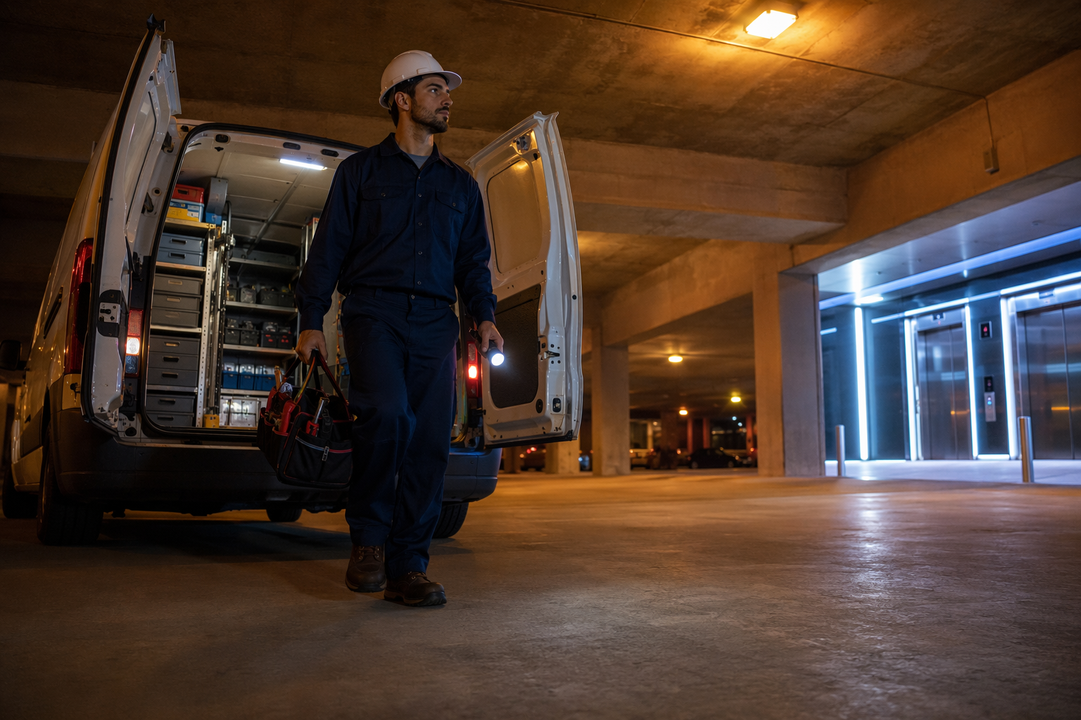 24 hour elevator repair technician arriving at a Houston TX office building at night, stepping out of a service van with tools ready to respond to an emergency call.