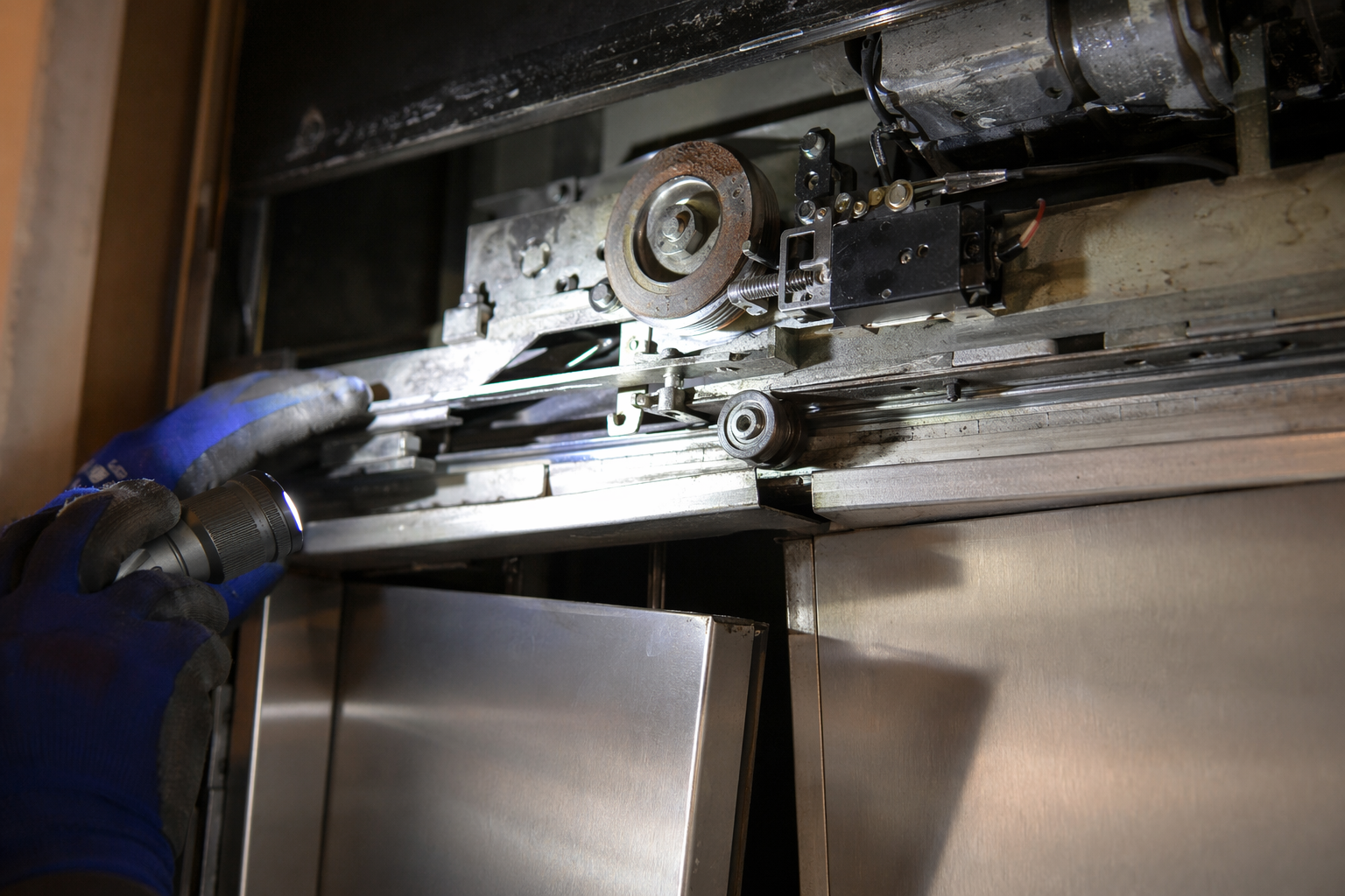 Close-up of a malfunctioning elevator door operator and misaligned track — one of the most common emergency situations requiring immediate 24 hour elevator repair service.