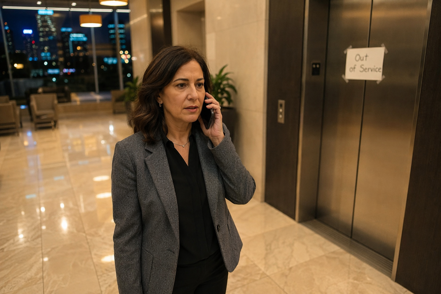 A Dallas TX building manager calls for 24 hour elevator repair service after a late-night breakdown, with out-of-service elevator doors visible behind her in the office lobby.