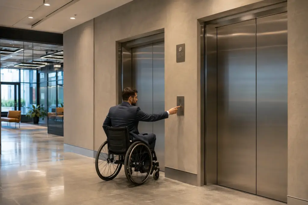ADA-compliant elevator lobby in a Houston commercial office building showing properly mounted hall call buttons and 36-inch clear door width