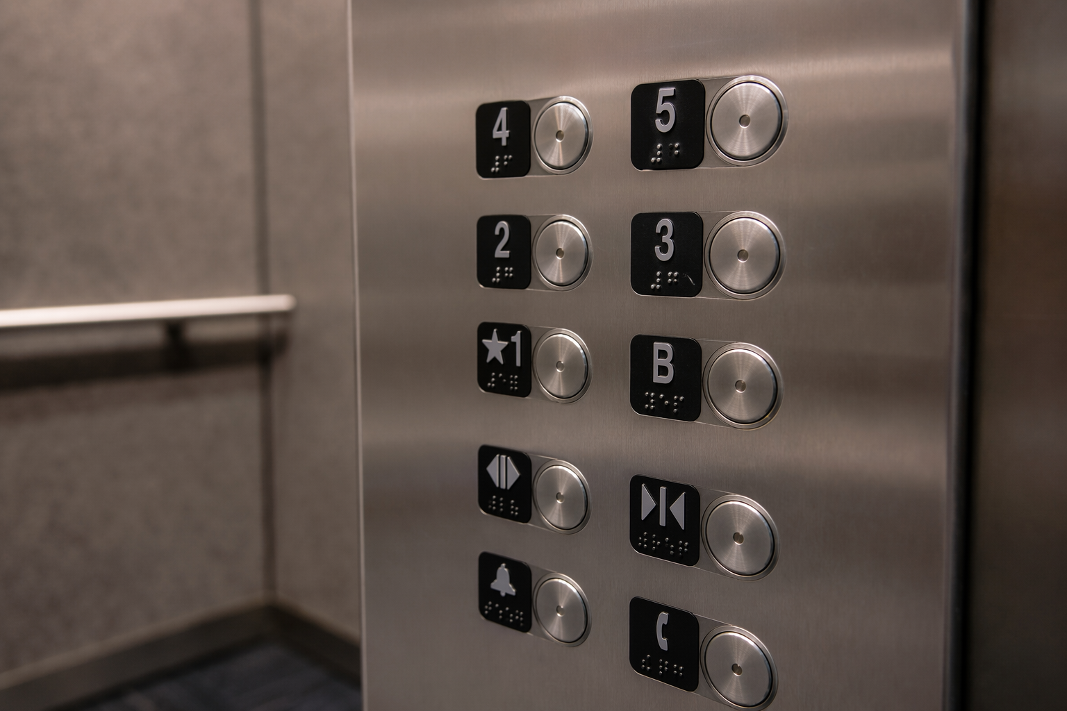 ADA elevator car control panel with raised characters, Grade 2 Braille, and buttons mounted within the 48-inch maximum reach range required by ADA Standards