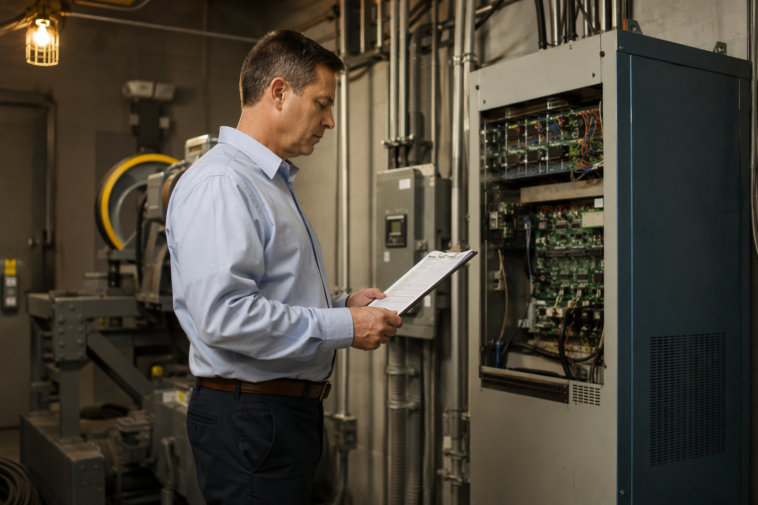 Elevator compliance inspector reviewing ADA requirements documentation beside a traction elevator controller in a Dallas commercial building machine room