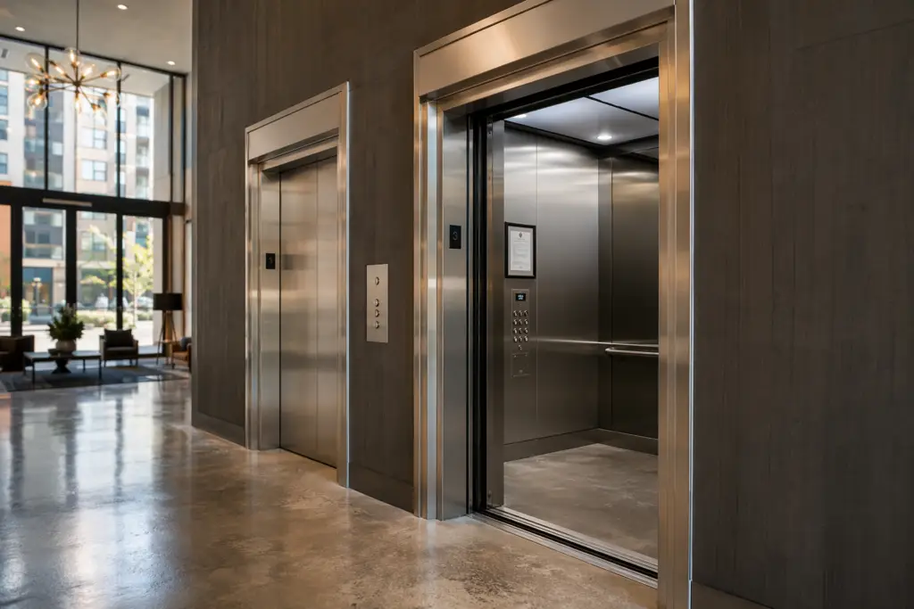 Apartment building elevator lobby in Houston TX showing open stainless-steel cab with ADA control panel and posted certificate of inspection on cab wall.