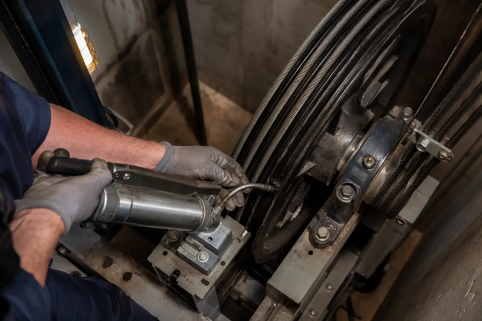 Elevator technician lubricating traction elevator sheave and governor rope during scheduled preventive maintenance at an Austin TX apartment building.