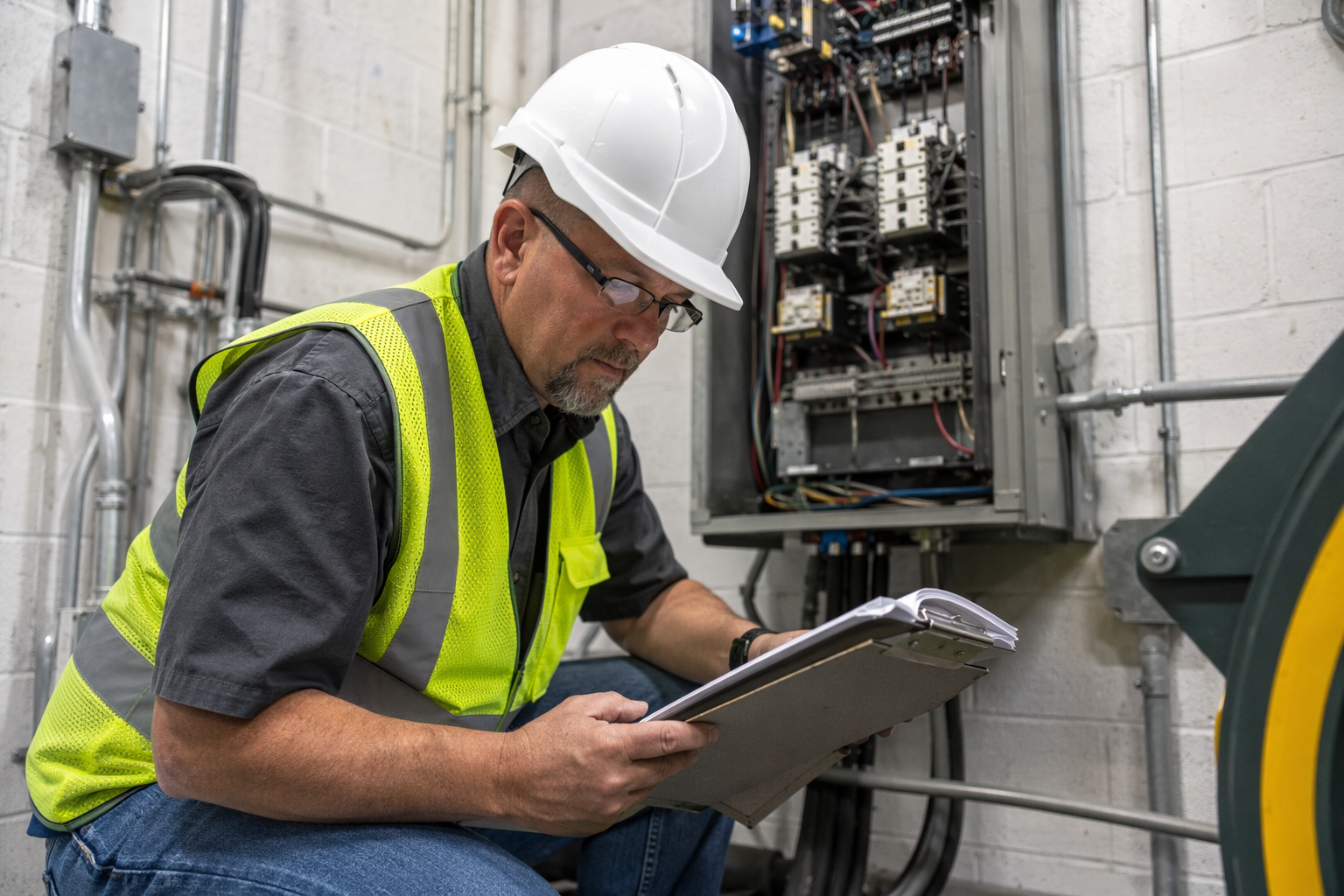 Licensed elevator inspector reviewing ASME A17.1 compliance checklist on clipboard inside a Dallas apartment building elevator machine room.