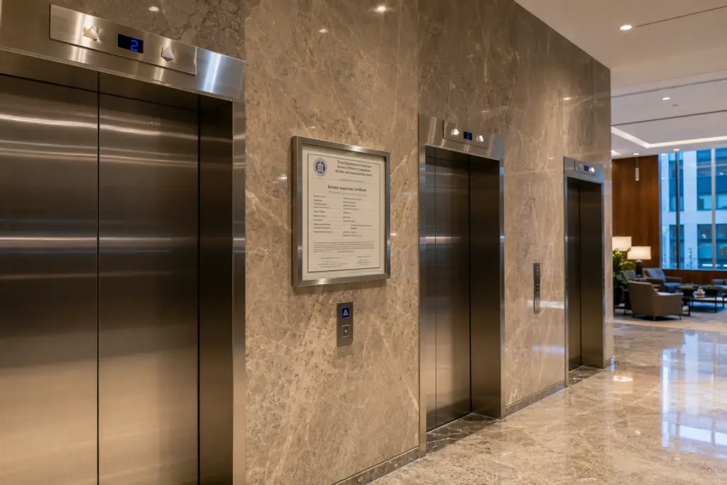 Houston TX commercial elevator bank with TDI inspection certificate on lobby wall, illustrating ASME A17.1 elevator code compliance requirements for Texas buildings
