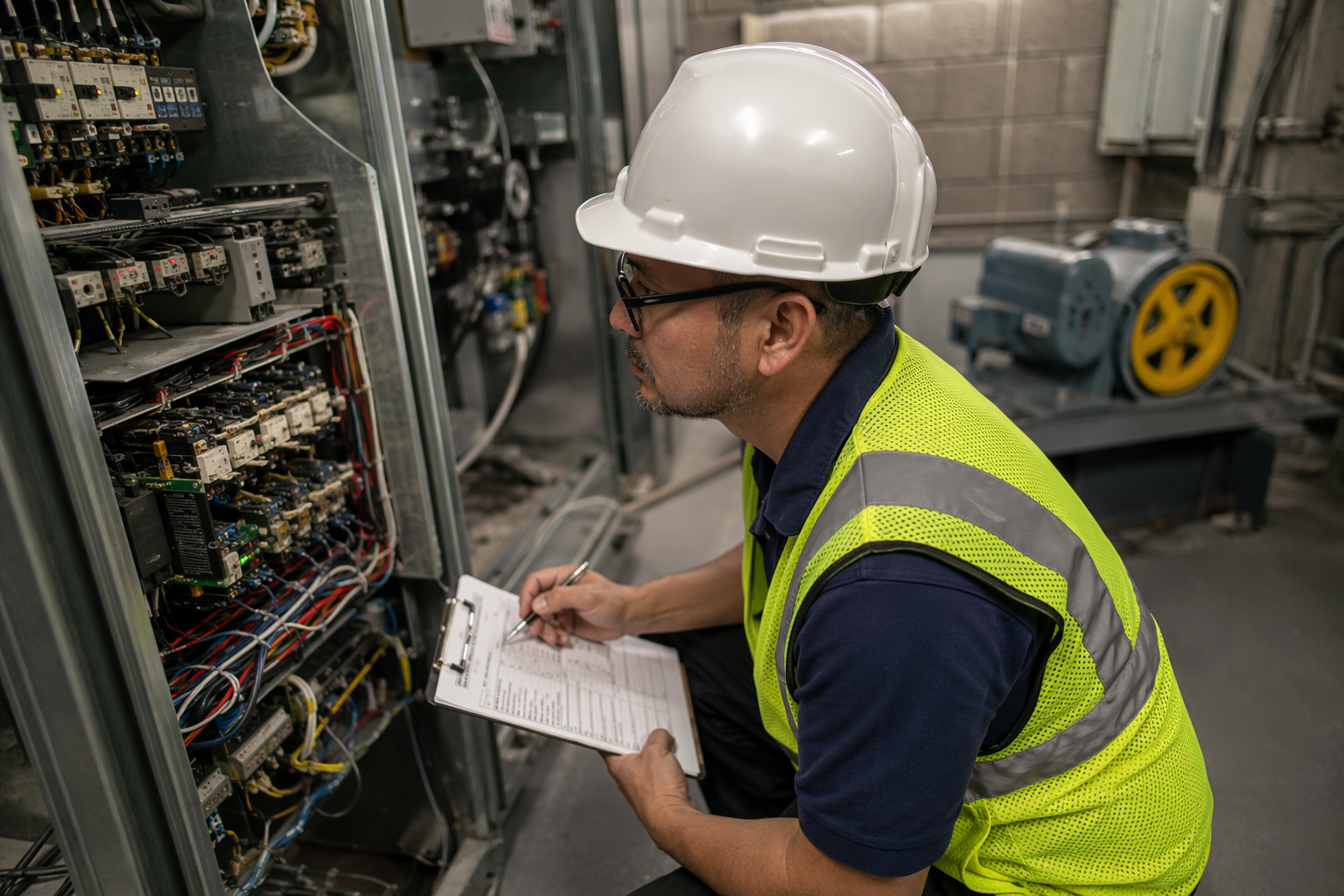 Licensed elevator inspector reviewing ASME A17.1 inspection checklist beside a traction elevator controller in a Houston TX machine room