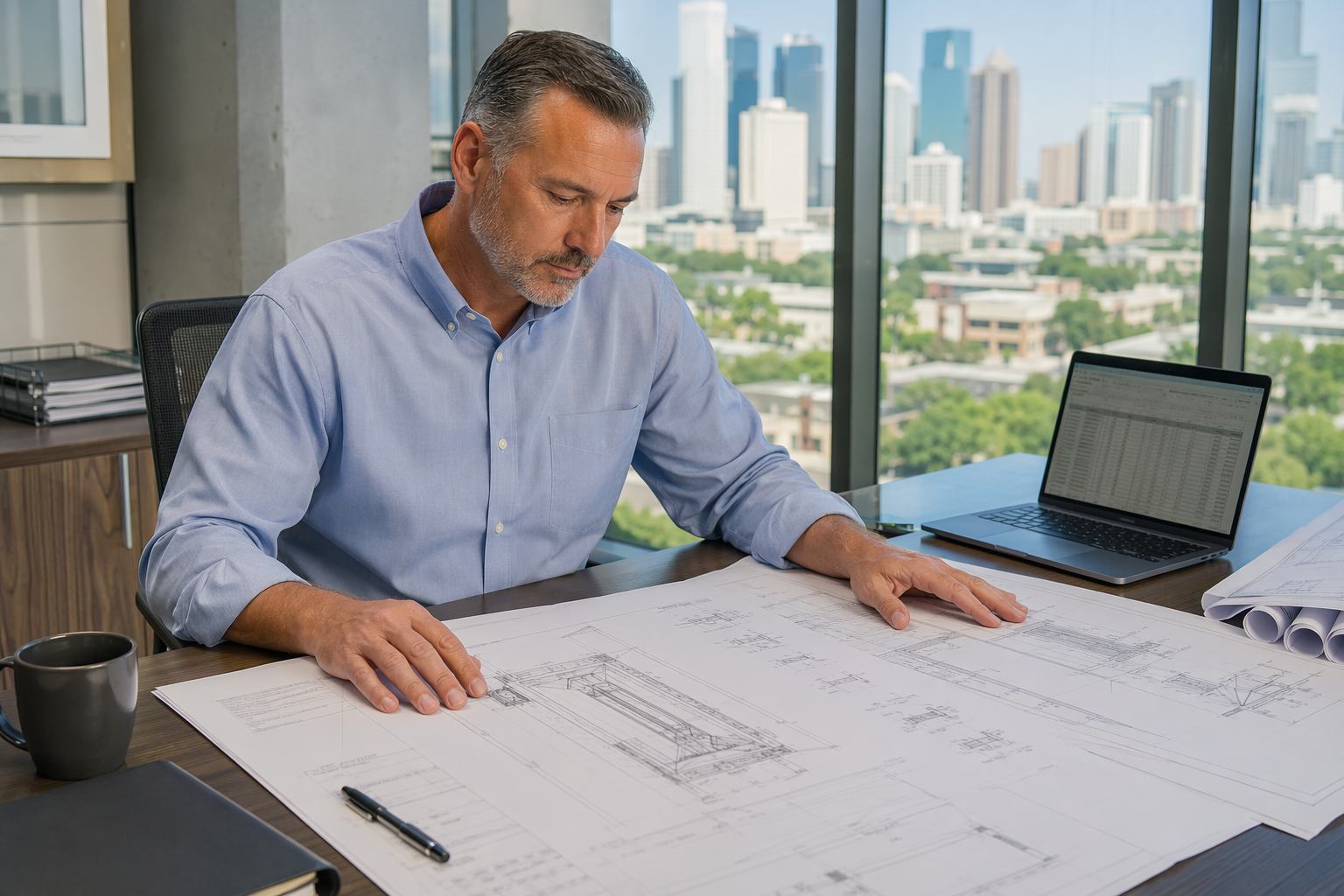 Houston building facility manager reviewing elevator maintenance plans and ASME A17.1 code compliance documentation at a property management office desk