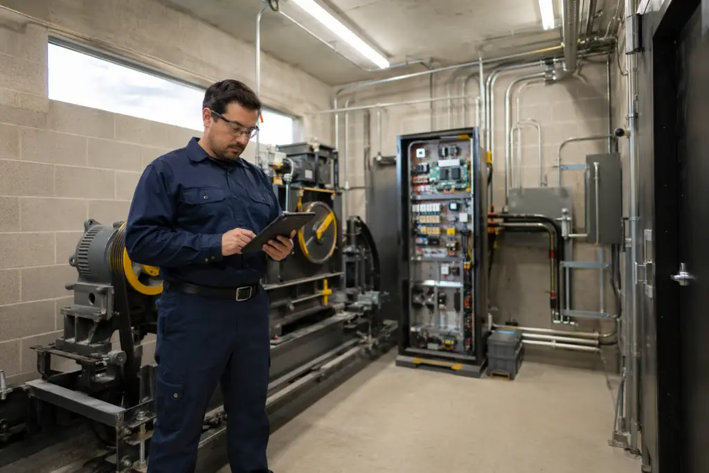 IUEC-certified elevator technician reviewing maintenance records on a tablet inside an Austin TX commercial building machine room with traction elevator equipment