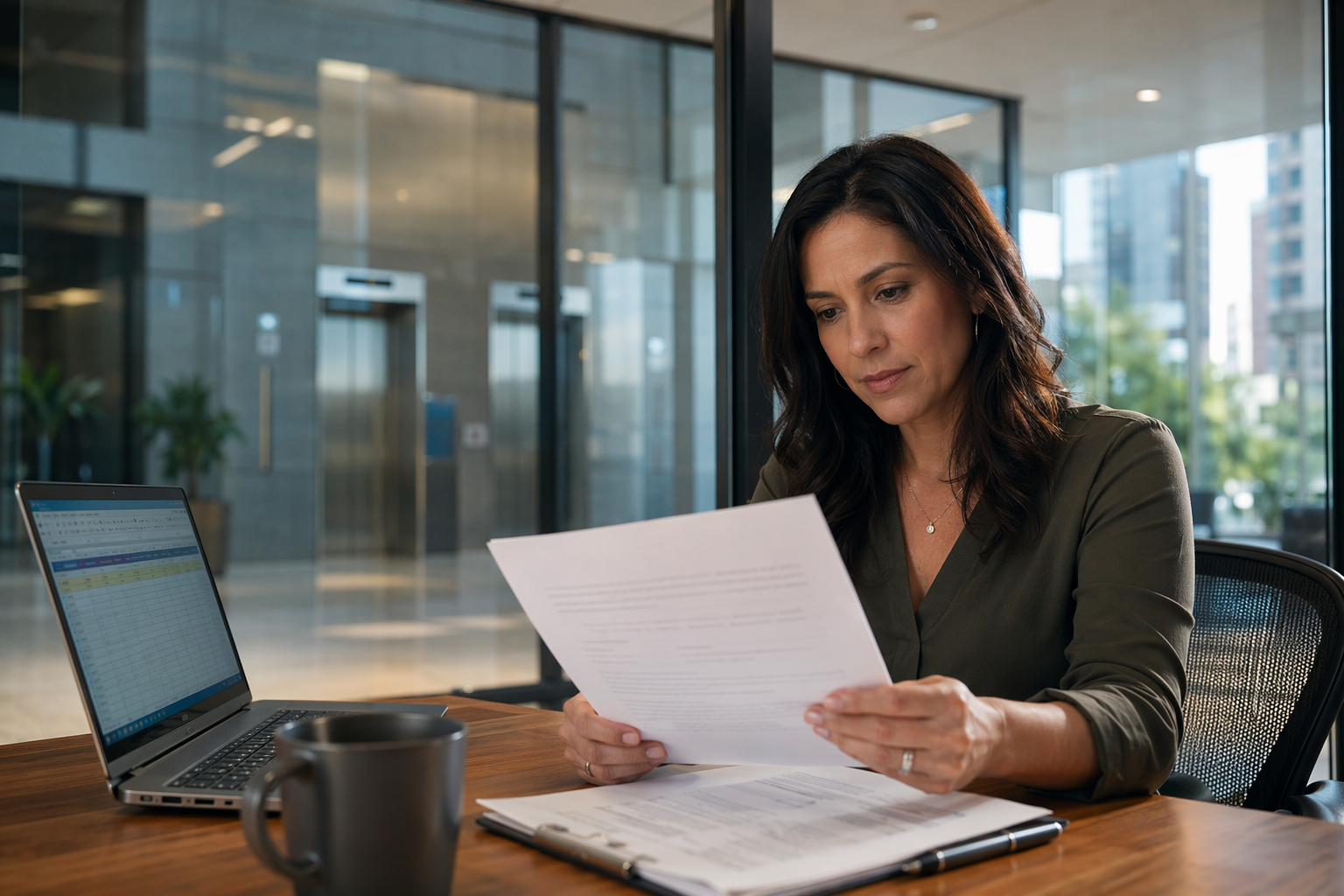 Austin Building Manager Reviewing Elevator Maintenance Contract Austin TX building property manager reviewing an elevator maintenance contract at her desk with a high-rise lobby and elevator doors visible through the office glass wall