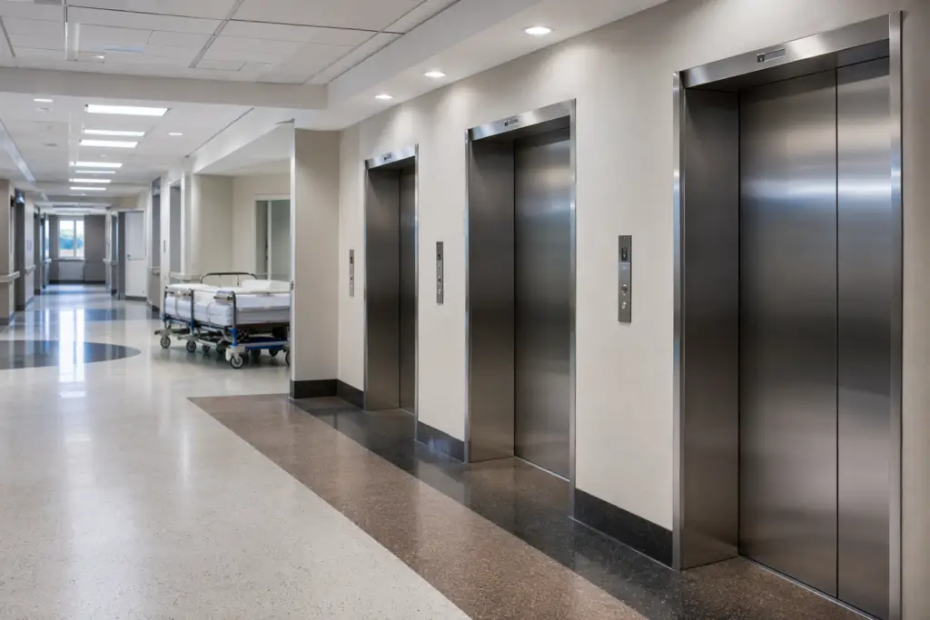 Bank of stainless-steel hospital elevators in a modern Texas medical center hallway, representing a commercial building elevator service contract for healthcare facilities.