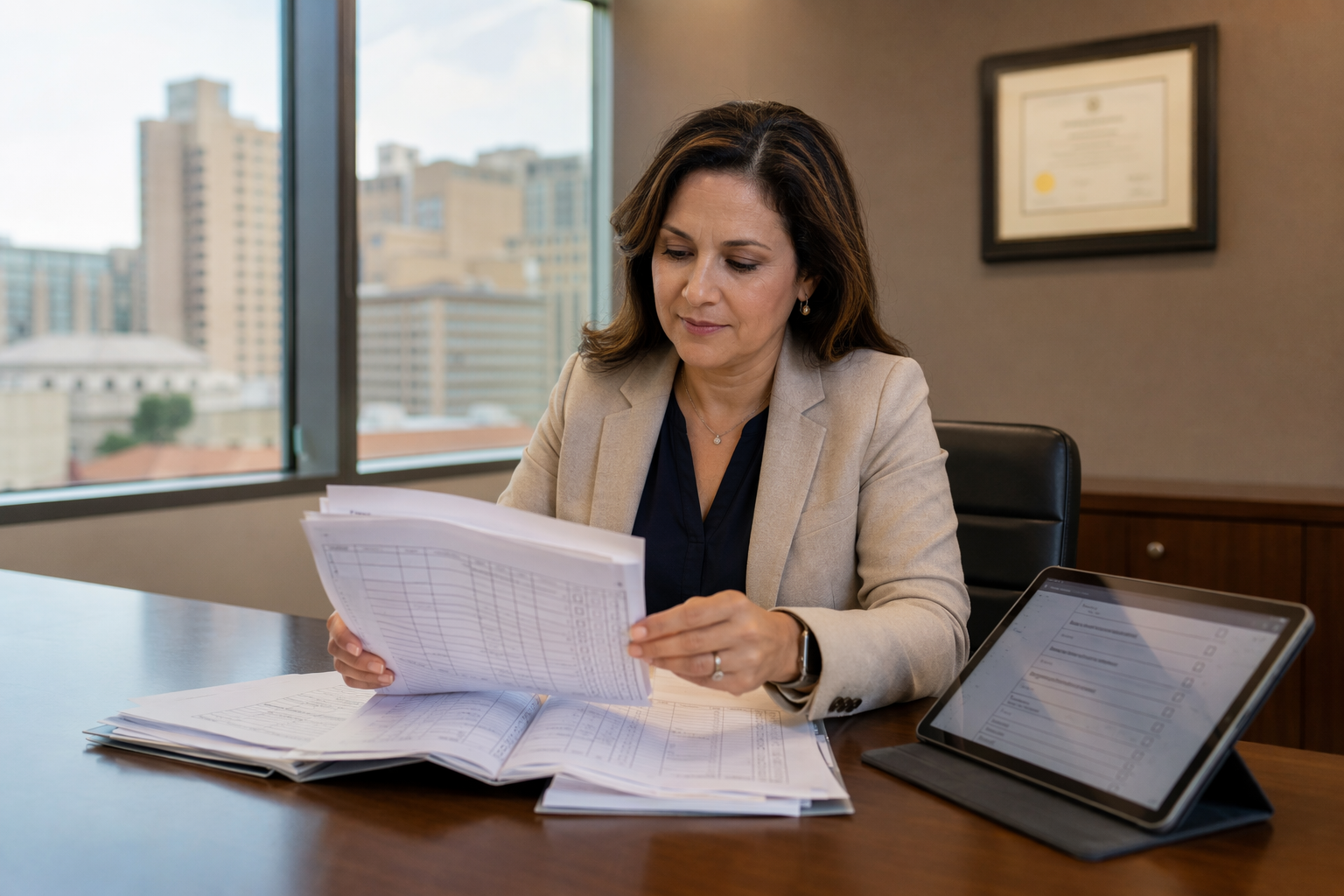 Healthcare facility manager reviewing elevator compliance documentation and inspection records required under a commercial building elevator service contract for ASME and Joint Commission surveys.