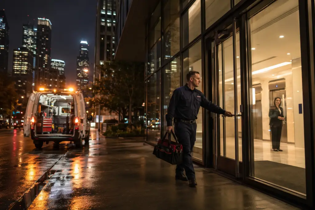 Elevator technician arriving at a Houston high-rise for an elevator breakdown immediate response call at night, tool bag in hand, service van visible at curb.