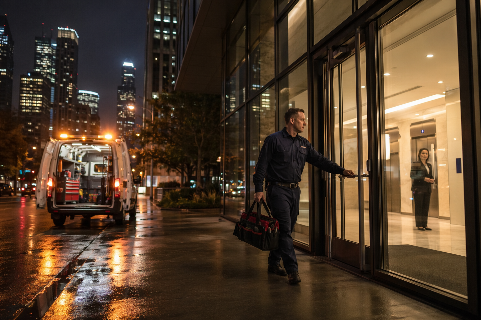 Elevator technician arriving at a Houston high-rise for an elevator breakdown immediate response call at night, tool bag in hand, service van visible at curb.