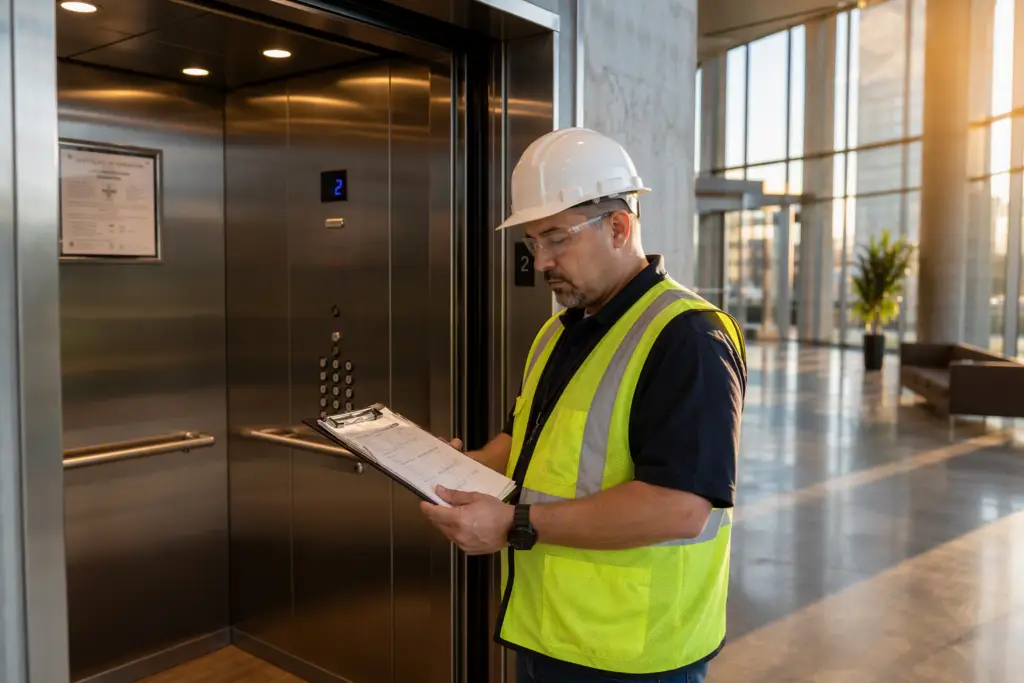 Licensed elevator inspector reviewing compliance documents at an open elevator cab in a Houston TX commercial office building lobby