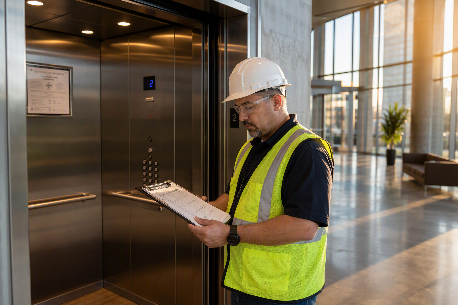 Licensed elevator inspector reviewing compliance documents at an open elevator cab in a Houston TX commercial office building lobby