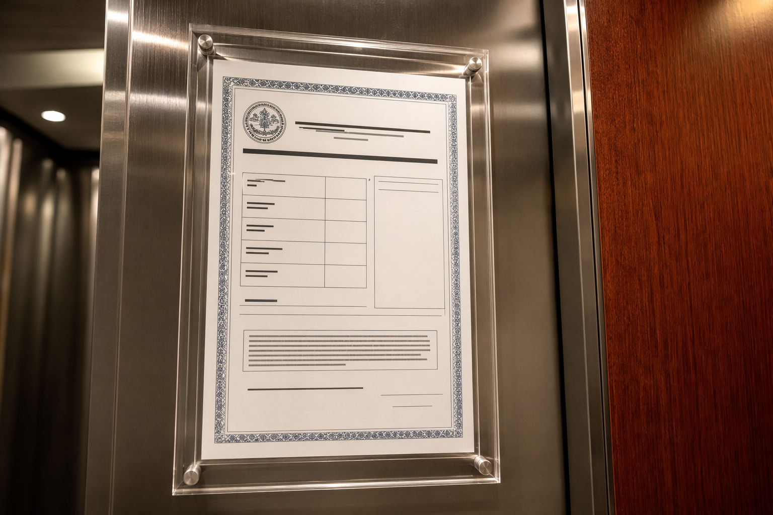 Elevator certificate of compliance posted in a clear frame inside a commercial elevator cab showing inspection date and expiration fields