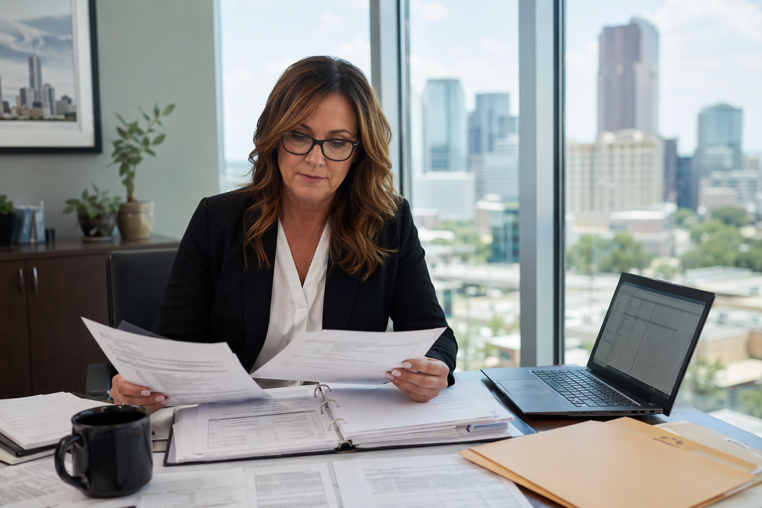 Building property manager reviewing elevator certificate of compliance records and inspection paperwork at a Dallas TX office desk