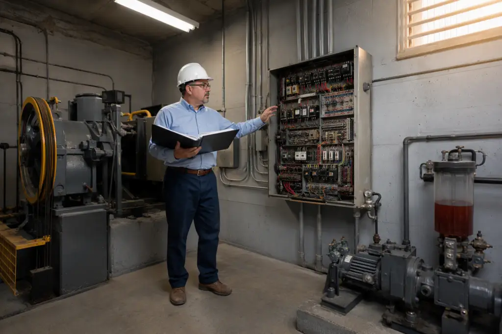 Elevator compliance inspector reviewing ASME A17.1 code requirements next to a hydraulic controller in a Houston commercial building machine room.