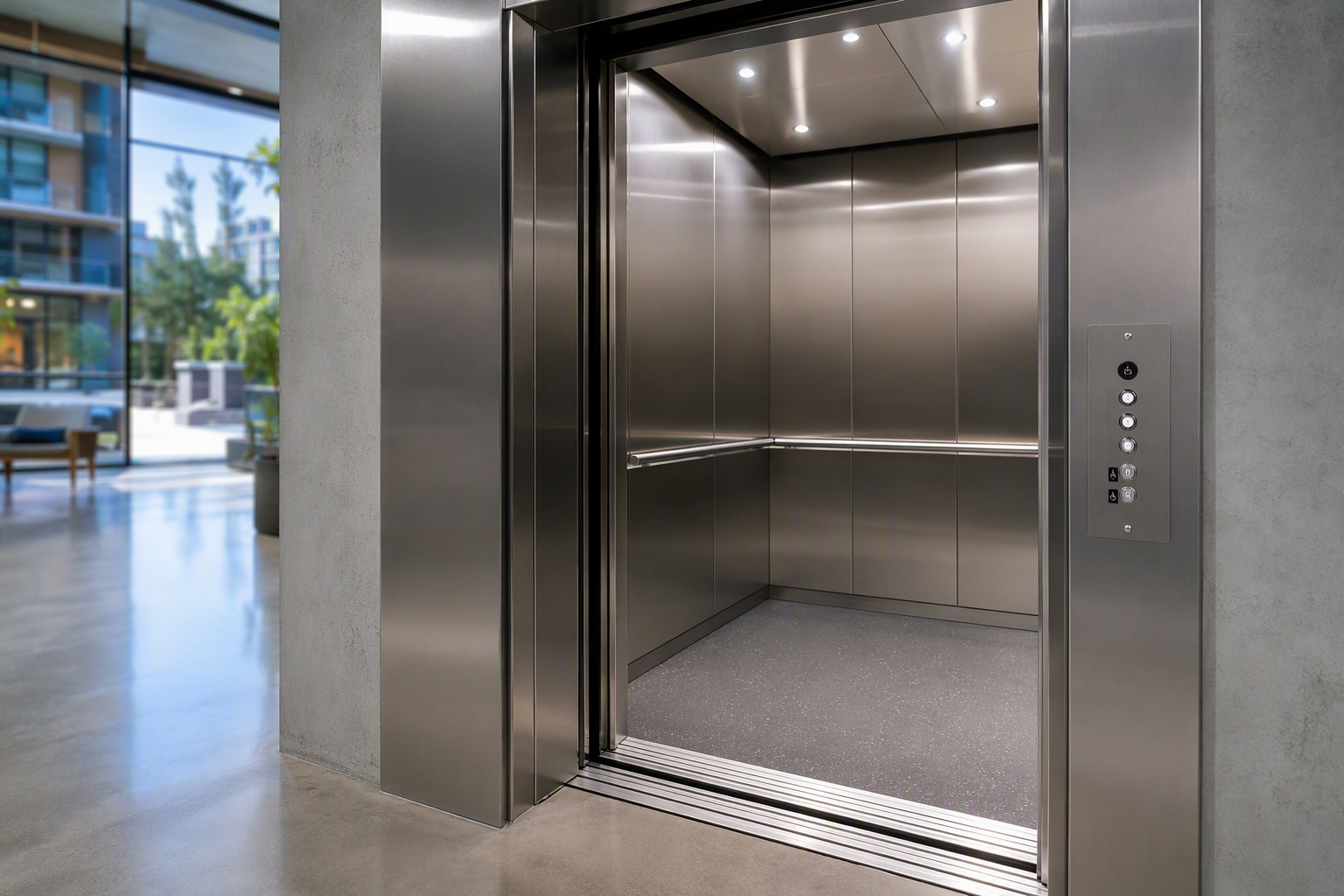 Newly modernized elevator cab interior in a Los Angeles high-rise showing ADA-compliant Braille buttons, LED lantern, and stainless steel fixtures meeting current elevator code requirements.
