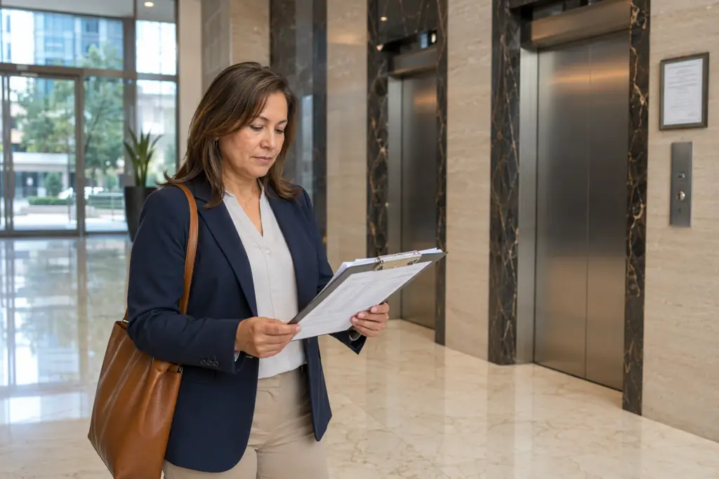 Building manager reviewing elevator code violation compliance report in a Houston high-rise lobby with stainless-steel elevator doors and posted inspection certificate visible