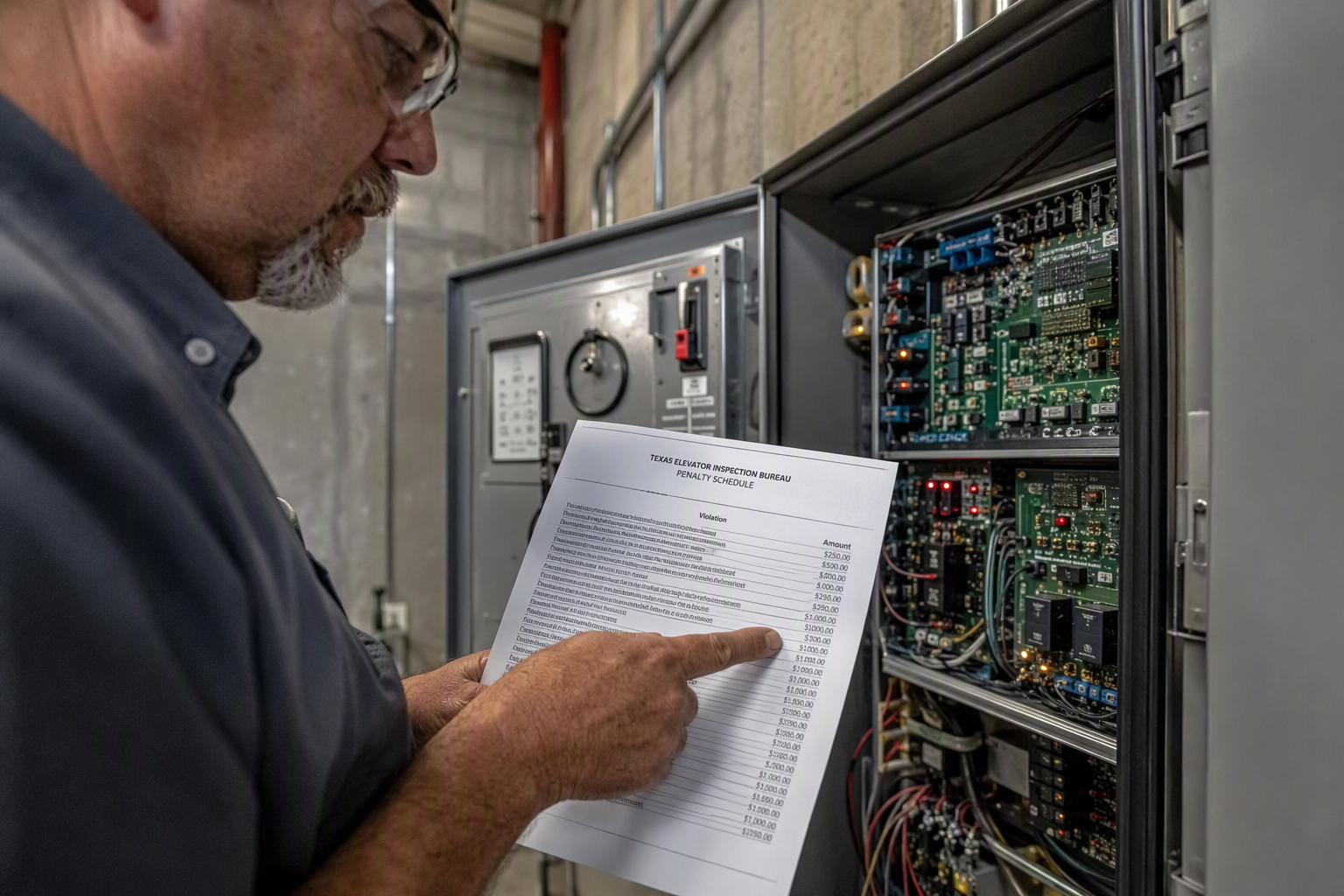 Elevator inspector reviewing penalty schedule documentation beside an open machine-room controller cabinet during a code violation assessment in Texas