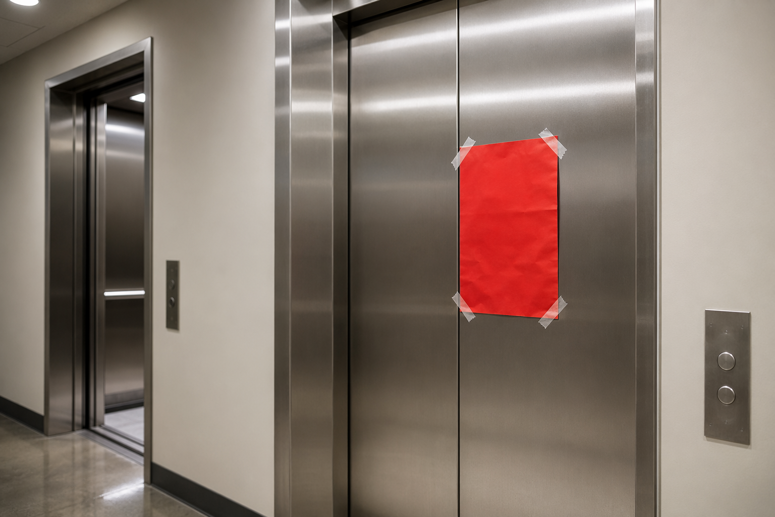 Red out-of-service shutdown placard on a brushed stainless-steel elevator door in a Dallas office building corridor following a serious code violation citation