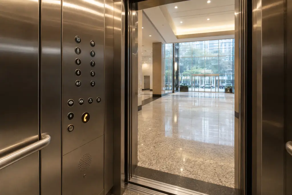 Interior of a commercial elevator cab in a Houston office building showing the illuminated elevator emergency phone button on the stainless-steel control panel