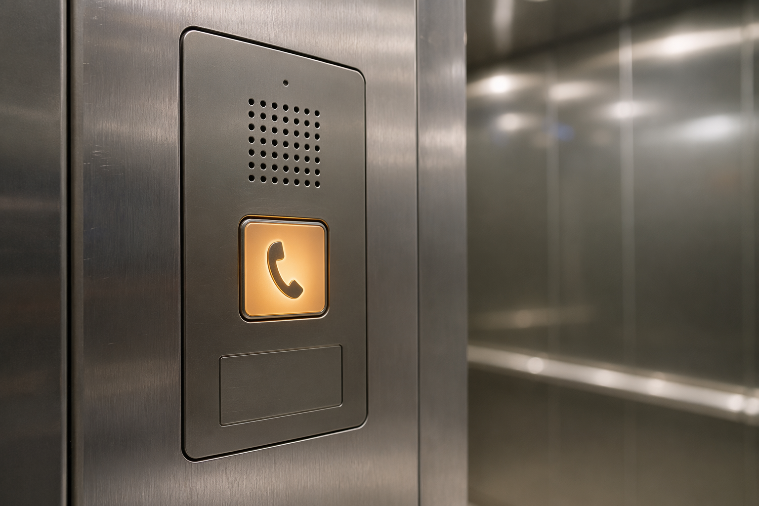 Close-up of a hands-free two-way emergency phone unit mounted on a stainless-steel elevator cab wall panel meeting ASME A17.1 compliance standards