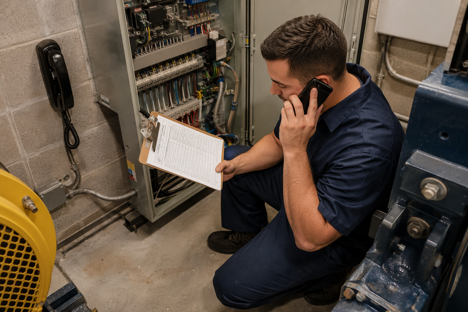 Elevator technician performing monthly emergency phone compliance test and documentation in a machine room at a Dallas commercial building