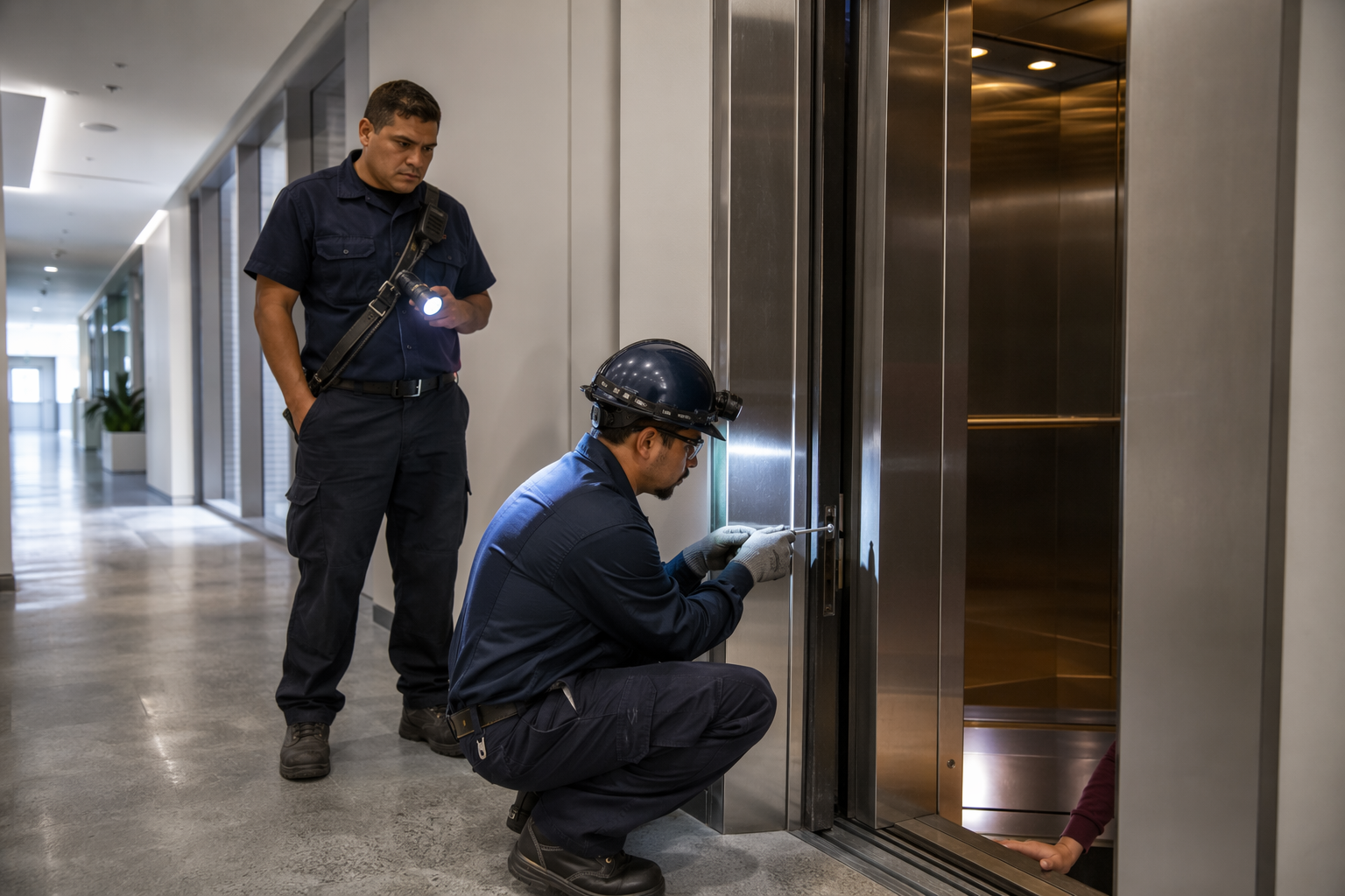 Certified elevator technician using a drop key to perform an elevator entrapment rescue procedure at a Houston commercial office building landing.