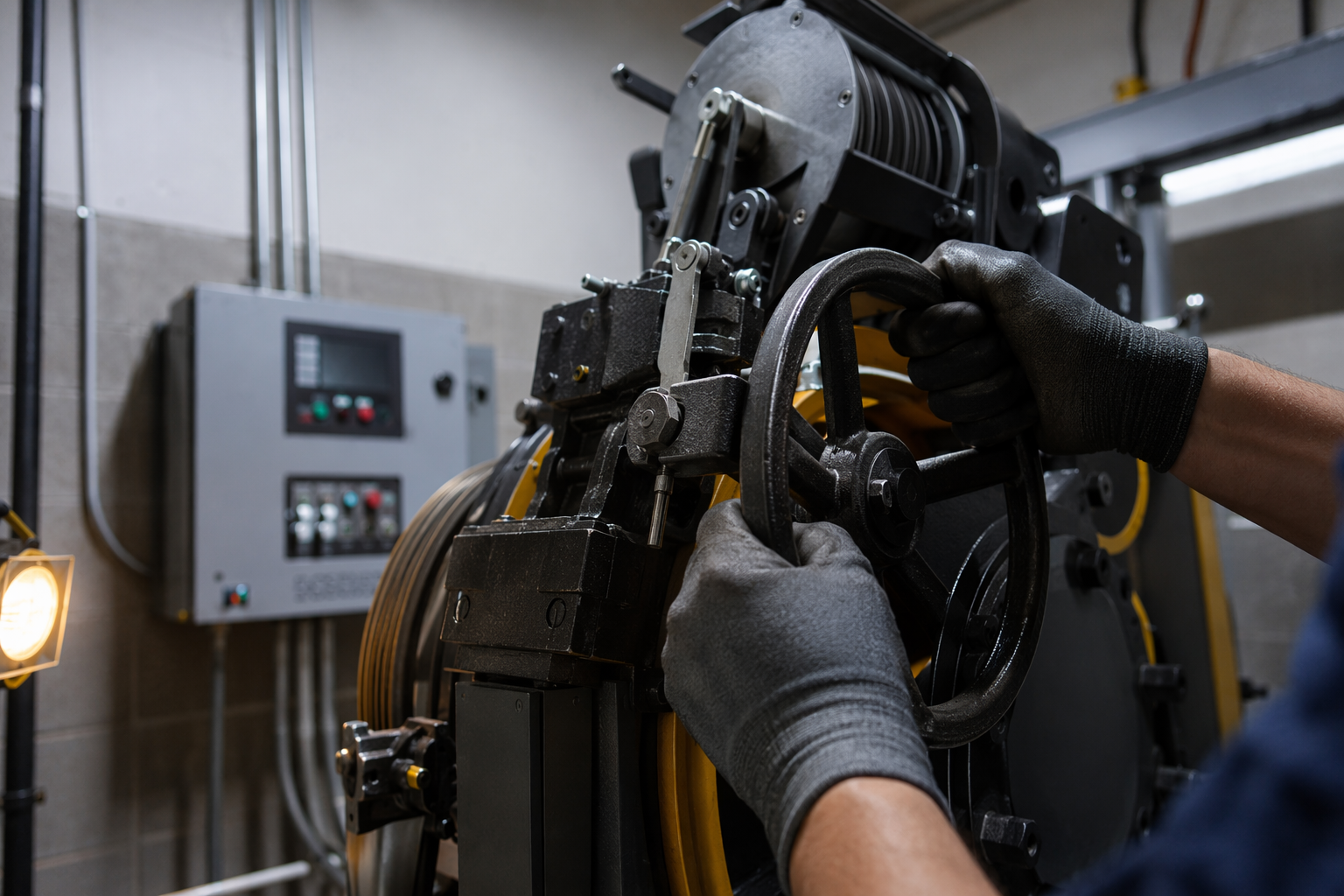 Elevator mechanic operating the hand-winding device on a traction elevator machine in a Houston high-rise machine room during an entrapment rescue.