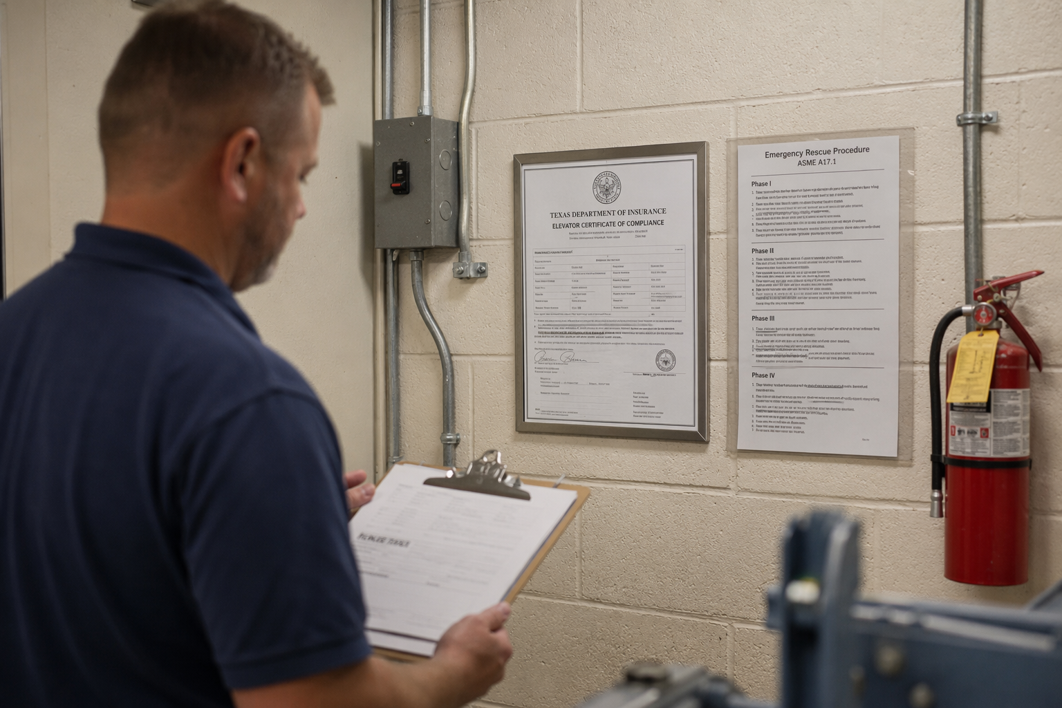 Texas elevator inspector reviewing TDI certification and ASME A17.1 rescue procedure documentation posted in a commercial elevator machine room.