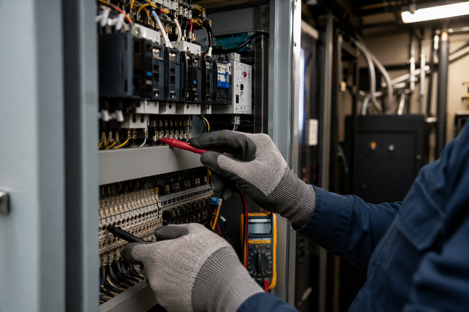 Elevator technician using a multimeter to inspect the electrical controller panel in a Dallas commercial building machine room during a statutory elevator inspection.