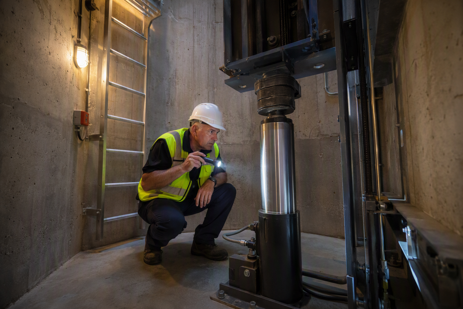 Certified elevator inspector examining a hydraulic oil buffer in the pit of a San Antonio residential mid-rise elevator during a compliance inspection.