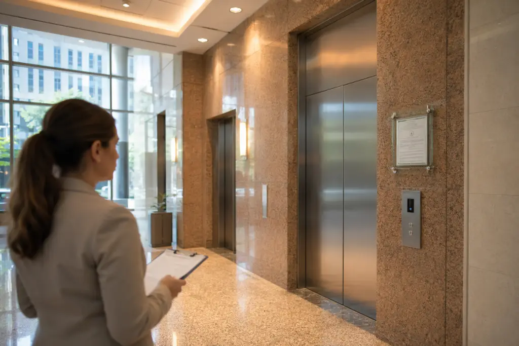 Texas office building elevator lobby with a TDI Certificate of Inspection posted on the wall, illustrating elevator inspection requirements in TX for commercial properties.