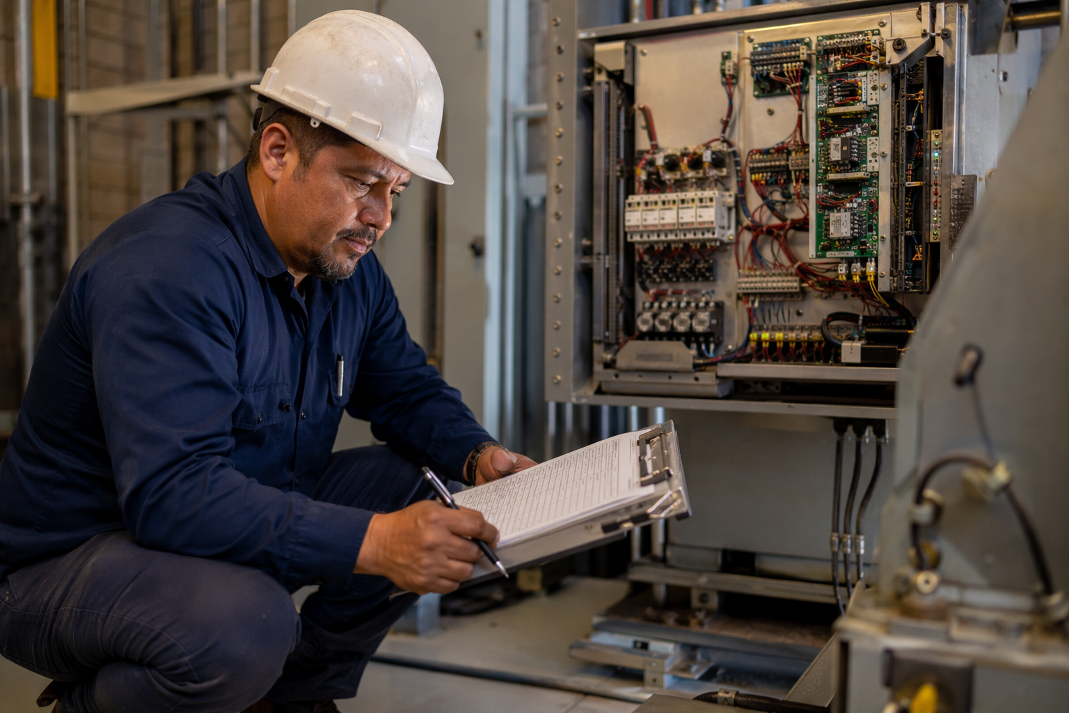 Licensed elevator inspector reviewing ASME A17.1 compliance checklist in a Dallas TX machine room during a periodic elevator inspection under Texas elevator inspection requirements.