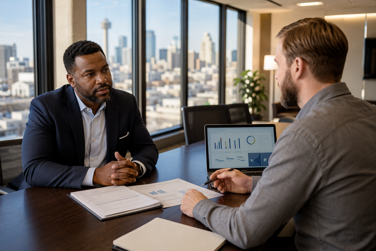 Building manager and third-party elevator inspector reviewing inspection reports and compliance documentation in a San Antonio TX office, comparing independent inspection options in Texas.