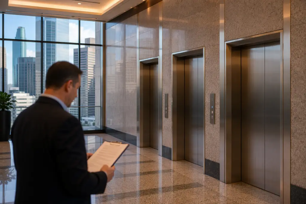 Houston TX commercial building lobby with stainless-steel elevator bank and property manager reviewing an elevator maintenance contract pricing agreement