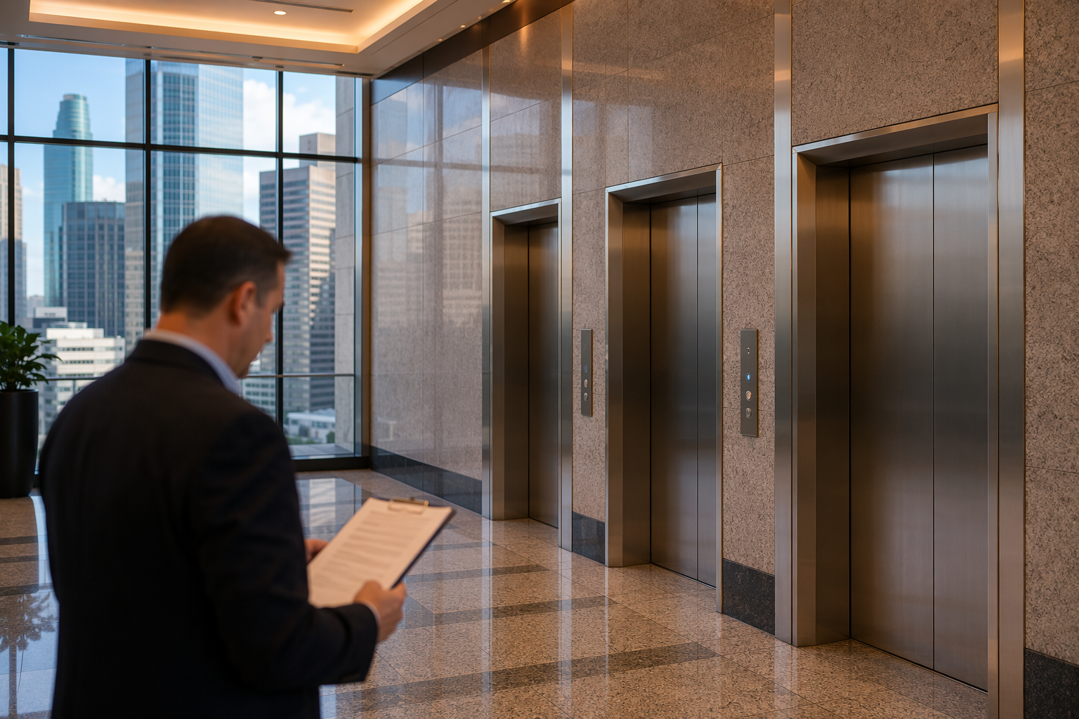 Houston TX commercial building lobby with stainless-steel elevator bank and property manager reviewing an elevator maintenance contract pricing agreement