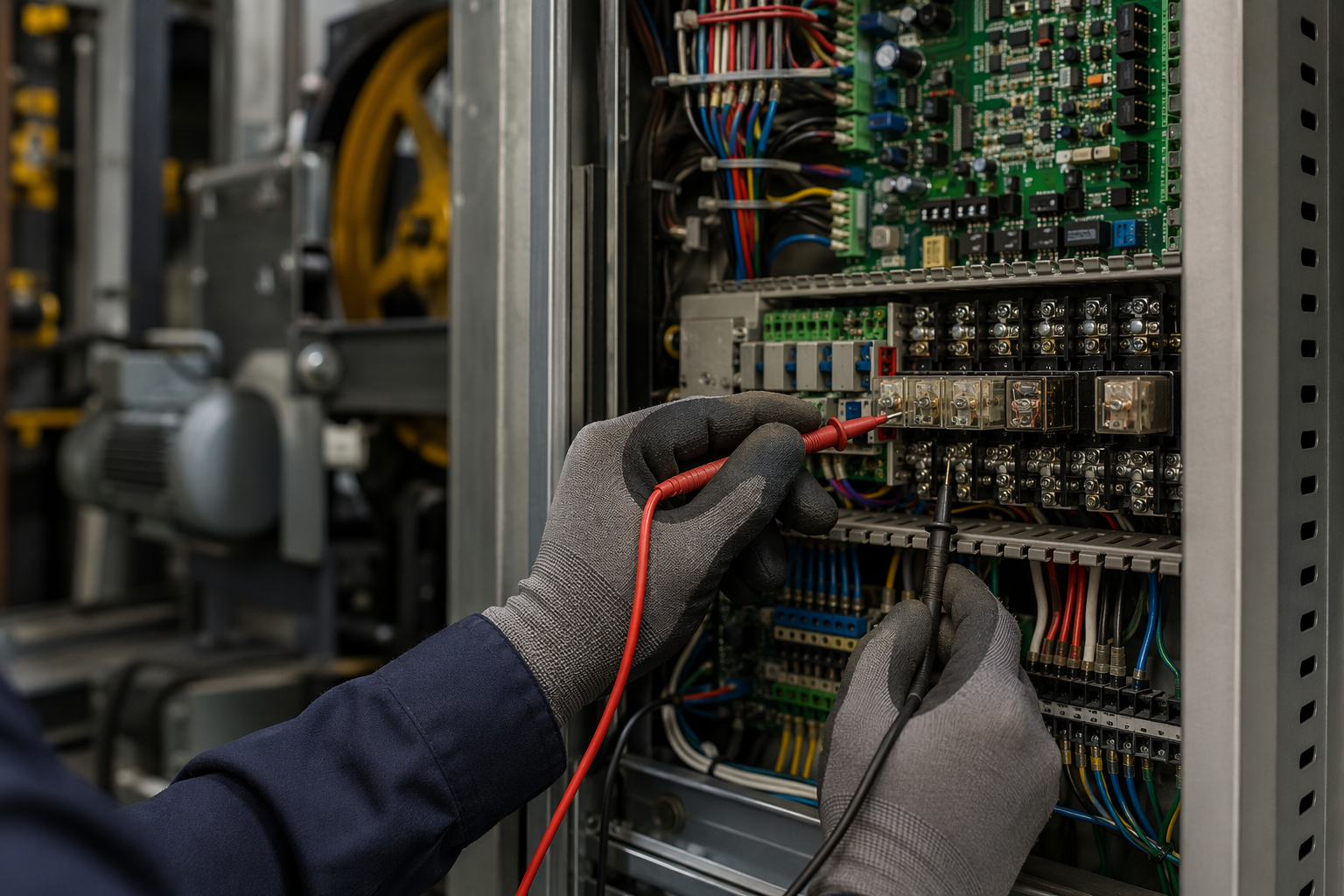 Elevator technician using a multimeter to diagnose a controller cabinet in a Houston machine room, illustrating factors that affect elevator maintenance contract pricing