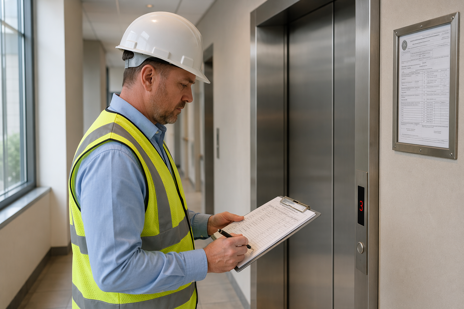 Licensed elevator inspector reviewing compliance checklist beside an elevator in a Houston TX office building under Texas TDI and ASME A17.1 requirements
