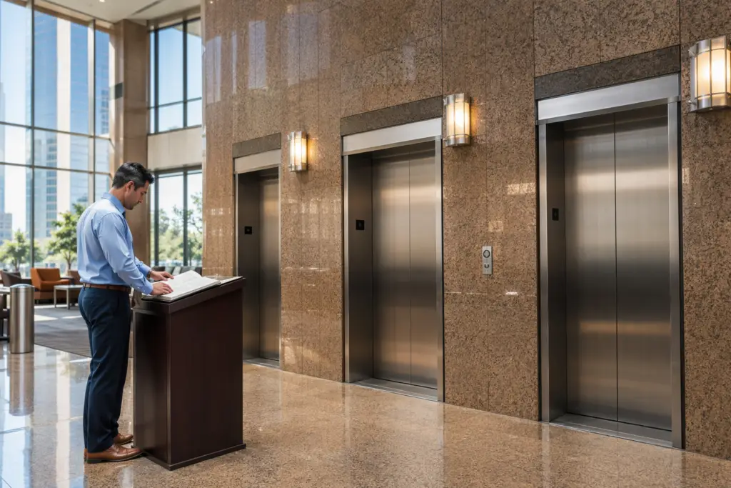 Property manager reviewing elevator maintenance records in a Houston commercial office building lobby with three stainless-steel elevator doors, illustrating elevator maintenance ROI