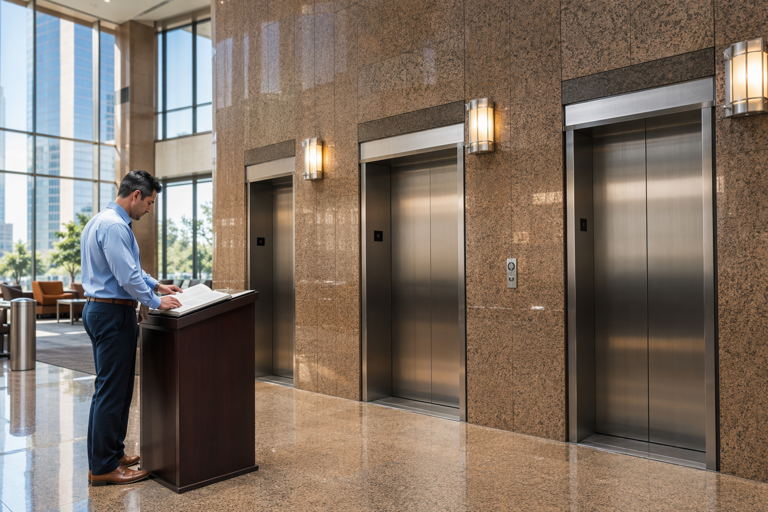 Property manager reviewing elevator maintenance records in a Houston commercial office building lobby with three stainless-steel elevator doors, illustrating elevator maintenance ROI