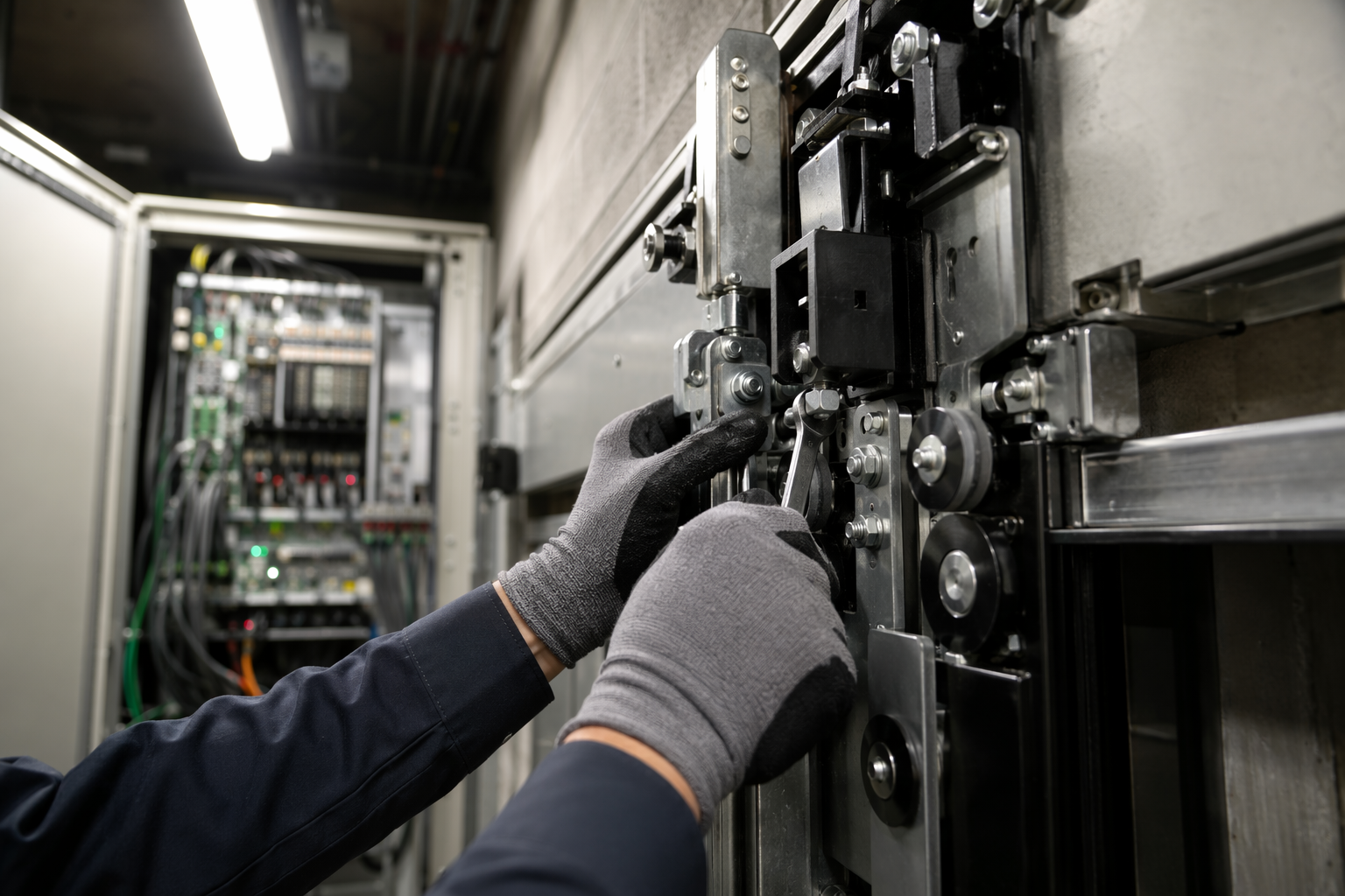 Elevator technician performing preventive door operator calibration in a Dallas machine room, demonstrating how scheduled maintenance reduces costly emergency repairs