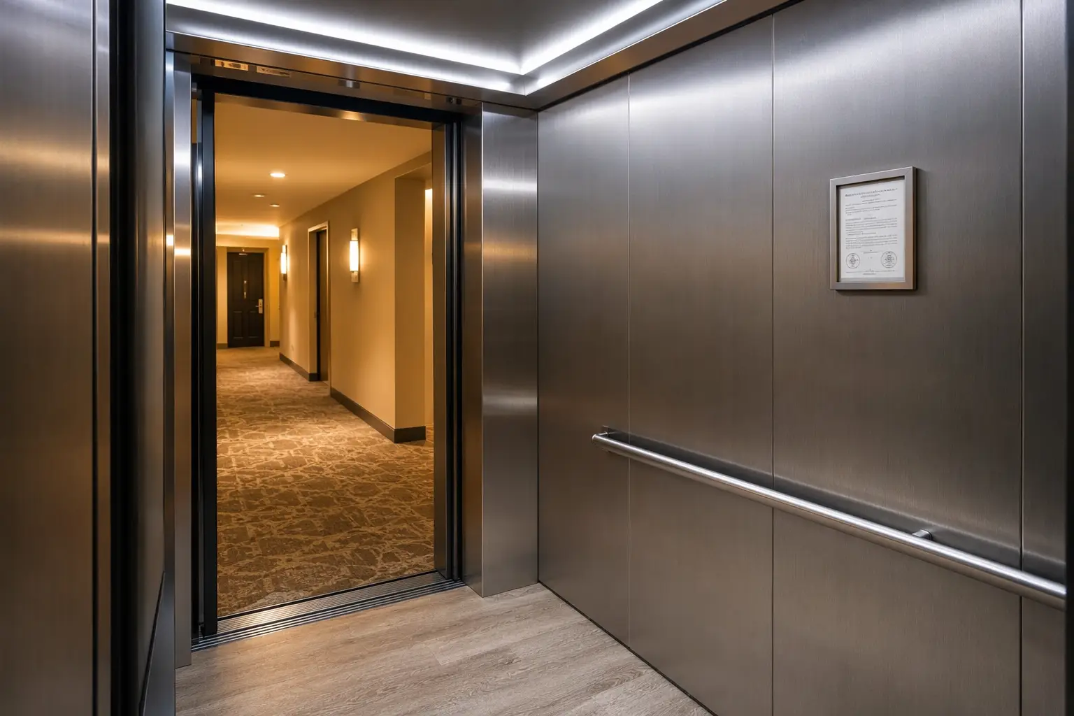 Modernized elevator cab interior in a San Diego multifamily building showing inspection certificate, brushed-nickel panels, and LED lighting as part of a compliant preventive maintenance program