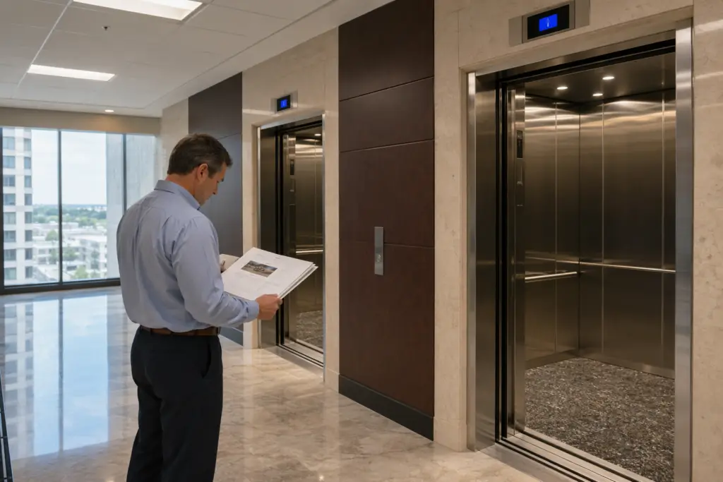 Building manager reviewing elevator modernization cost estimate in front of newly renovated elevator bank in a Houston TX commercial office building