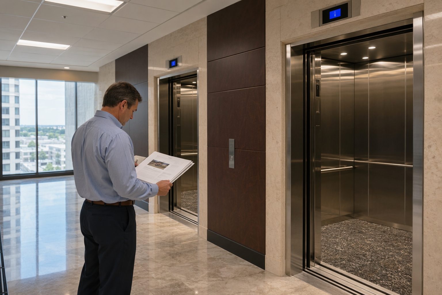 Elevator Modernization Cost Overview Building manager reviewing elevator modernization cost estimate in front of newly renovated elevator bank in a Houston TX commercial office building