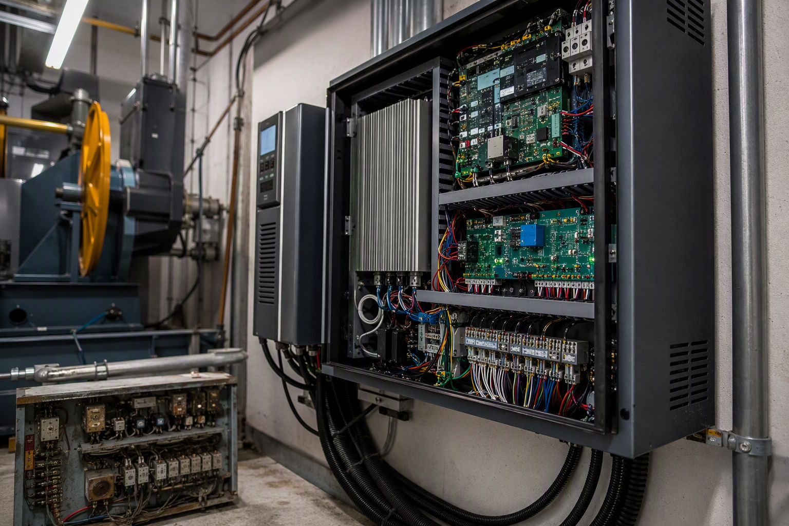 Controller and Drive System Replacement Modern solid-state microprocessor elevator controller and VVVF drive unit installed in a Dallas TX commercial building machine room during modernization