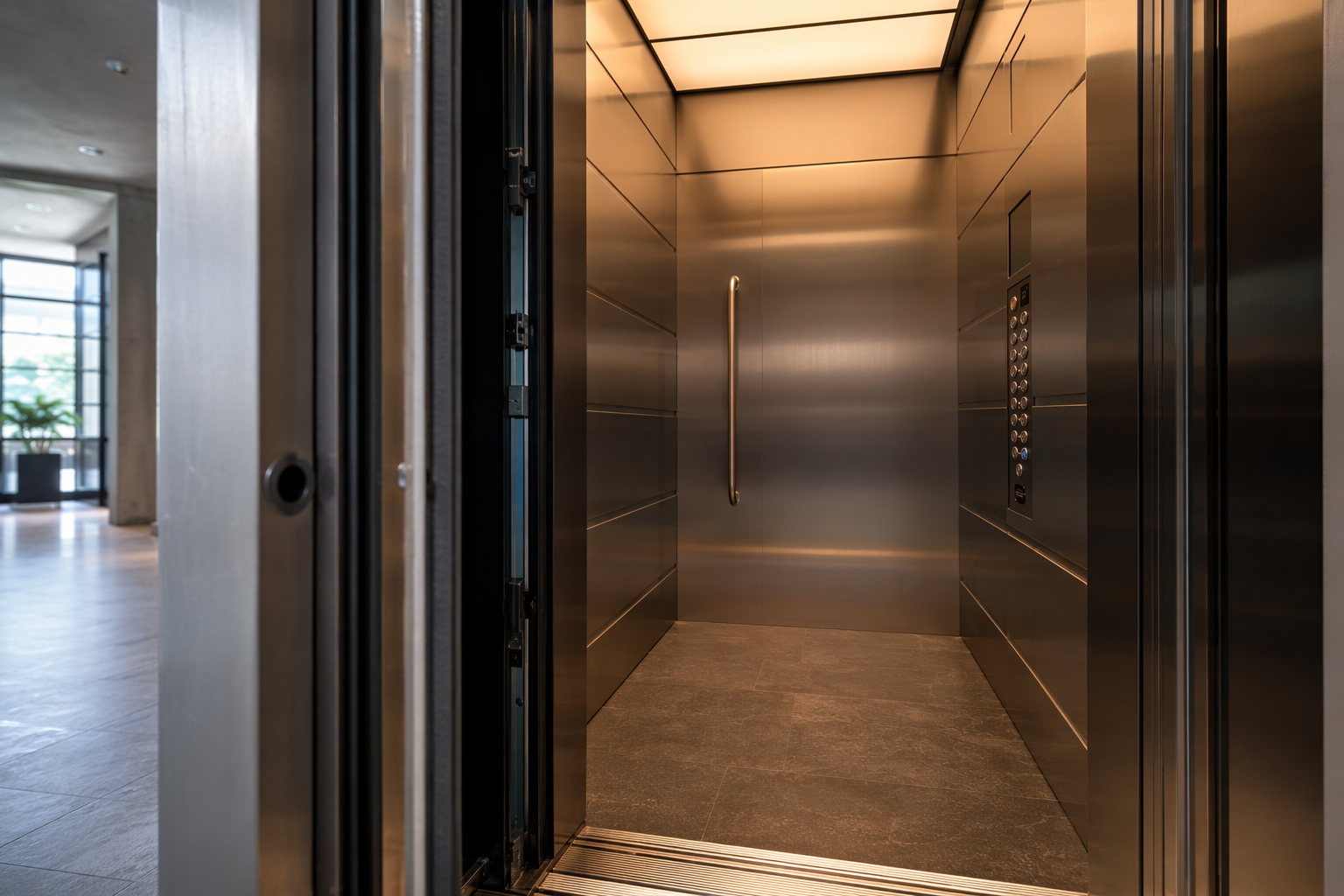 Cab Interior and Door System Renovation Renovated elevator cab interior with stainless-steel panels, LED ceiling lighting, and updated door operator hardware in an Austin TX residential building modernization project